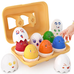Sucenance Montessori Easter eggs with hinged tops for color and expression matching.