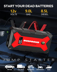 SUCFOCUS jump starter LCD display shows power status clearly.