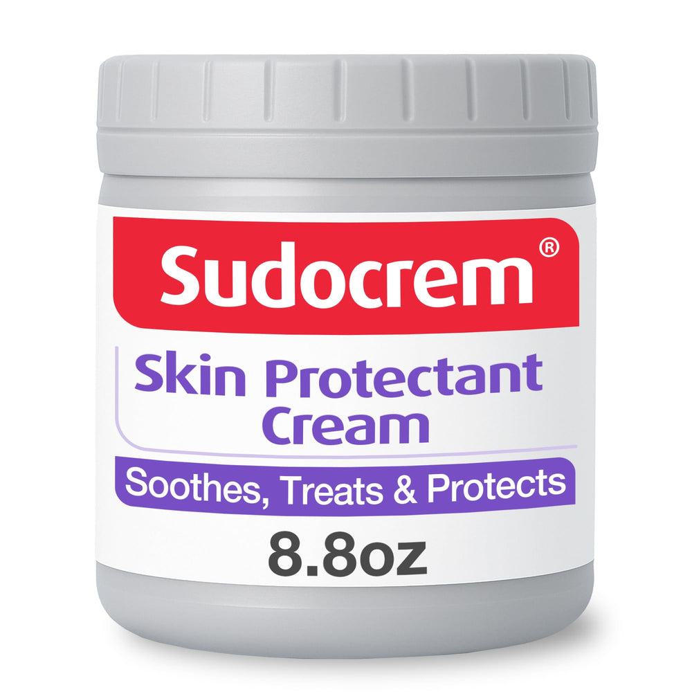 Sudocrem diaper rash cream jar close-up highlighting zinc oxide protection for irritated baby skin.