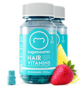 SugarBearHair vitamin gummy bottle front highlighting extra-strength biotin for hair vitality.