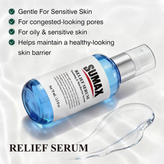 Sumax Relief Serum watery texture close-up ready to absorb on sensitive skin.