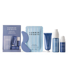 Summer Fridays Jet Lag Eye Patches applied under the eyes for a refreshing de-puffing effect.