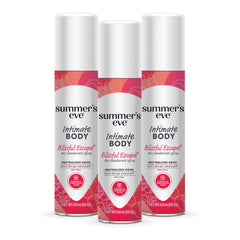 Summer's Eve Blissful Escape spray bottle front view highlighting talc-free formula for daily freshness.