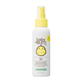 Sun Bum Baby Bum SPF 50 spray packaging shows travel-friendly sun protection.