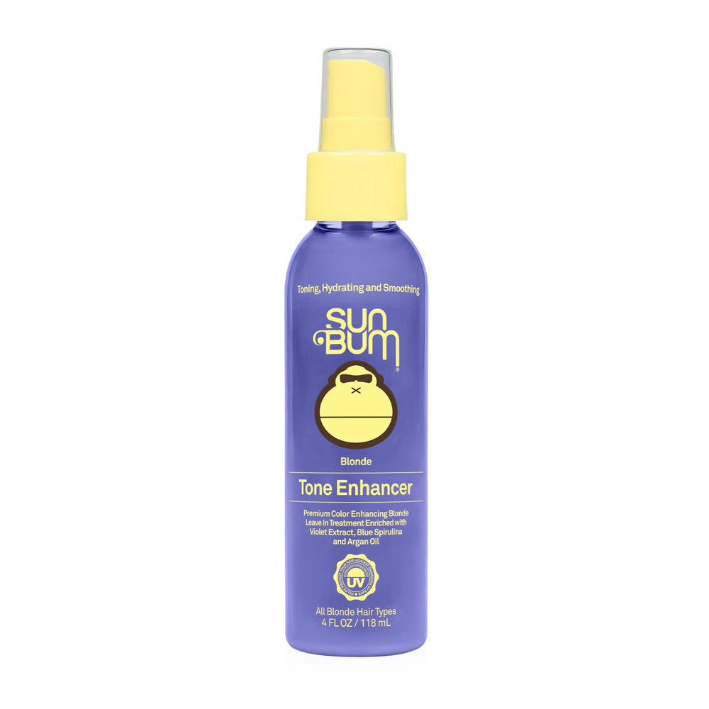 Sun Bum Blonde Tone Enhancer bottle showing violet extract and blue spirulina for cooler blonde tones