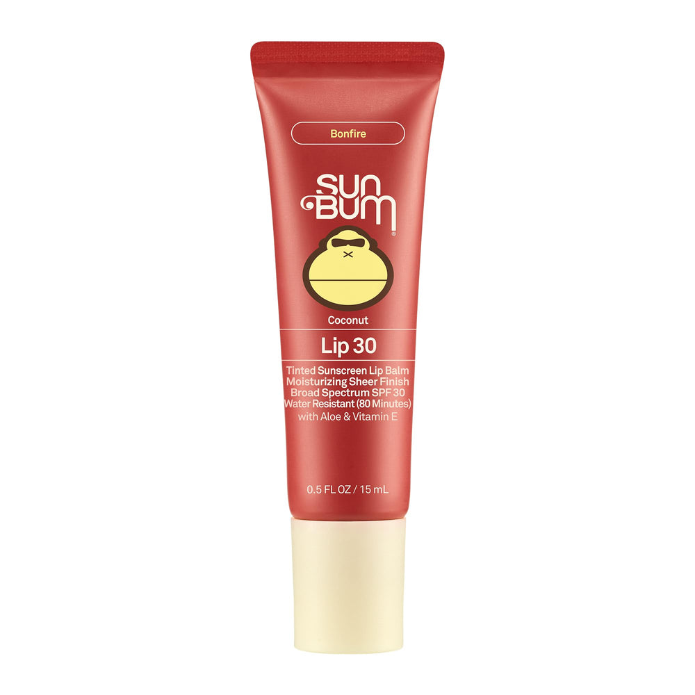Sun Bum Bonfire tinted lip balm coconut packaging with SPF 30 protection and vegan formula.
