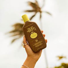 Label shows Hawaii 104 reef-safe compliance on Sun Bum sunscreen