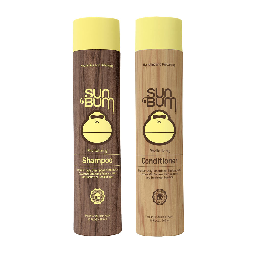 Sun Bum revitalizing shampoo bottle showcases hydrating formula for smoother, healthier-looking hair.