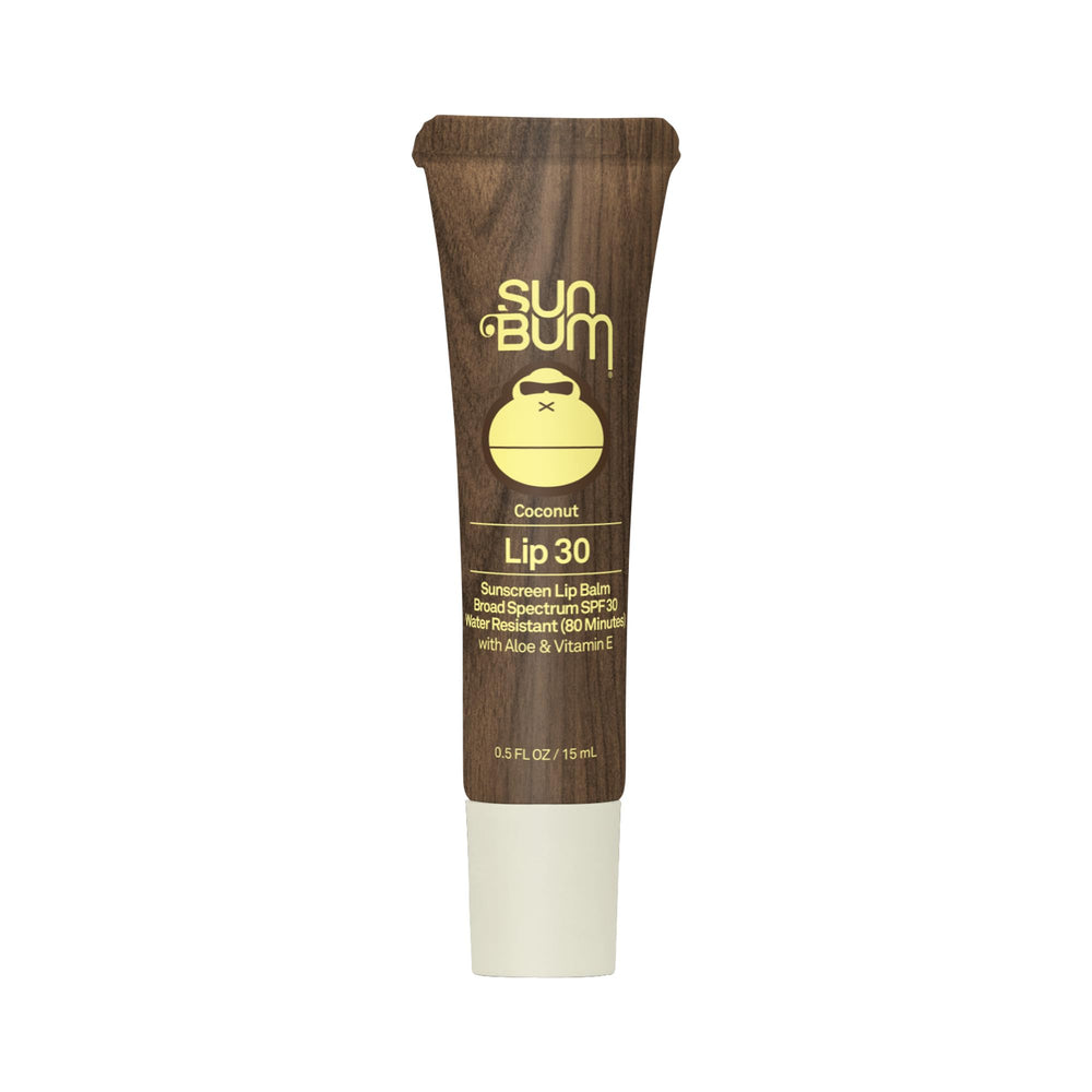 Sun Bum SPF 30 lip balm coconut applied on lips for daily protection.