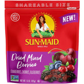 Sun-Maid dried mixed berries in a resealable bag, ideal for on-the-go snacking.
