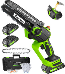 SUNCHERS mini chainsaw in use for quick branches and pruning tasks.