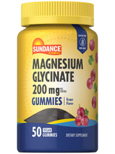 Sundance Magnesium Glycinate Gummies grape bottle shows vegan, gluten-free formula for daily use.