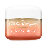 Sunday Riley C.E.O. Afterglow jar closeup reveals luminous hydration.