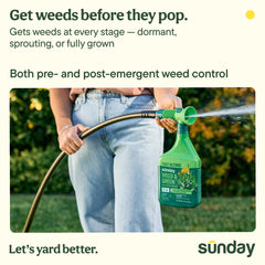 SUNDAY Weed & Green demonstrates 1250 sq ft coverage for weed prevention across turf