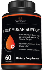 Sunergetic Blood Sugar Support bottle shown, promotes daily wellness within normal ranges.