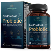 Sunergetic 4-in-1 probiotic bottle front view highlighting brand for gut support