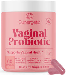 Sunergetic premium vaginal probiotics bottle showing UREX blend for balanced vaginal health.