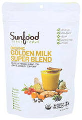 Sunfood Superfoods Golden Milk Super Blend canister on counter, ready for a comforting latte.