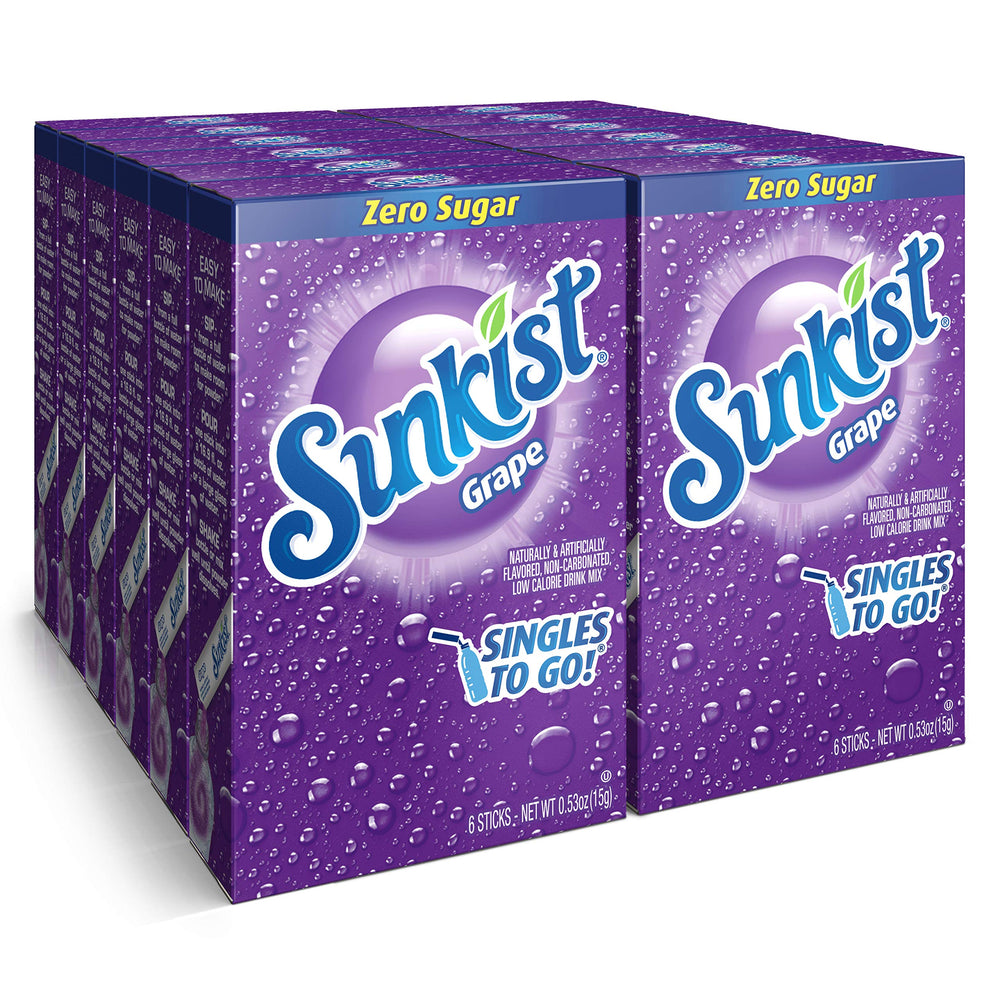 SINGLES TO GO Sunkist Grape packet being poured into water for flavor on the go