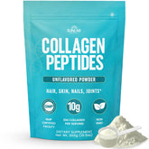 SunLab Essentials collagen powder bottle highlights hydrolyzed Type I and III peptides for skin, hair, and nails.