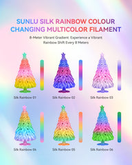 Close-up of SUNLU Silk Rainbow surface showing glossy reflections on decorative models.