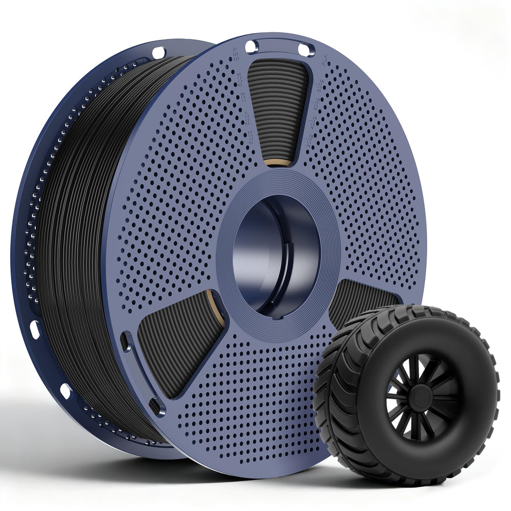SUNLU TPU filament on a black 1.75mm spool showing flexible, durable prints.