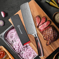 Sunnecko Nakiri blade with a wavy pattern reduces sticking during prep