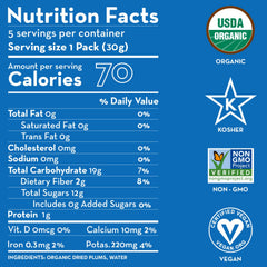 Sunny Fruit Prunes label highlighting organic origins and no added sugar benefits.