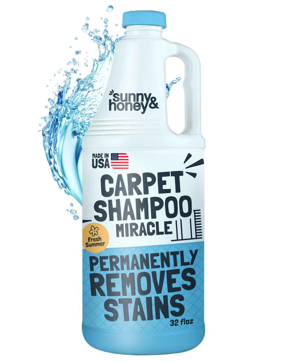 Sunny & Honey carpet cleaner bottle pour for precise application and quick stain removal.