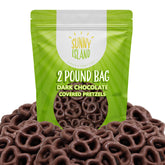 Sunny Island dark chocolate mini pretzels bulk bag; crisp pretzels coated in rich chocolate, great for sharing.