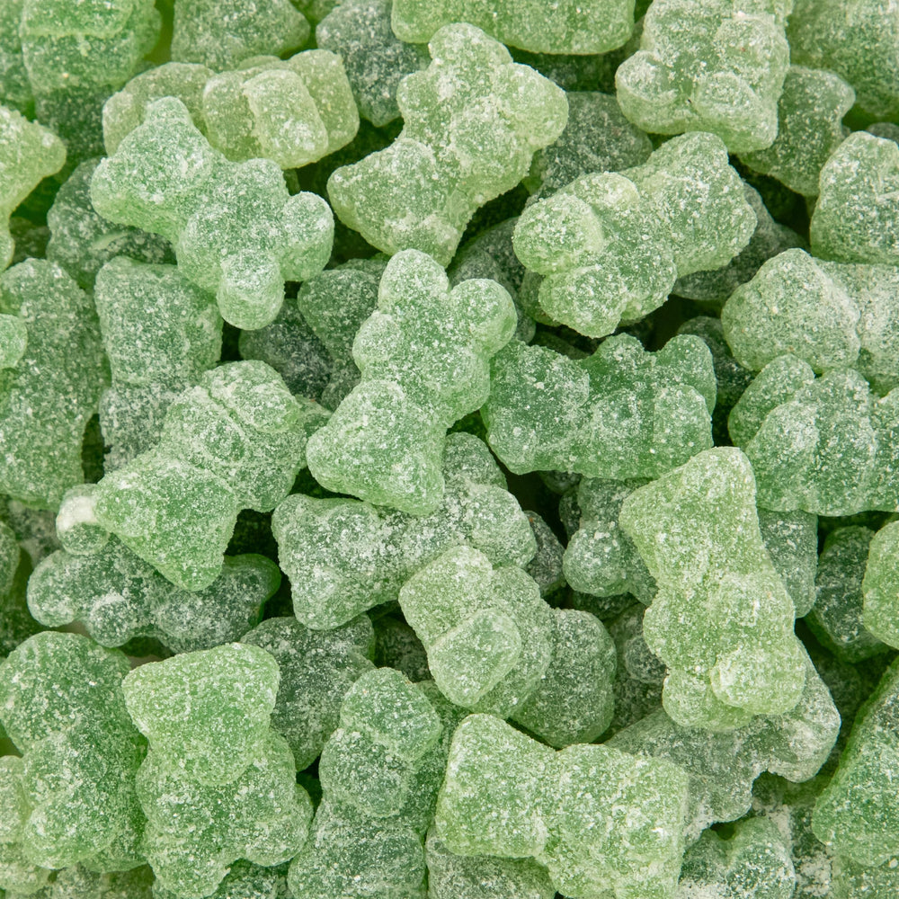 Sunny Island Sour Bears Green Apple pack close-up showing chewy texture for dessert decorating