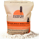 Sunrise Flour Mill heritage flour bag showing heritage wheat for easier digestion