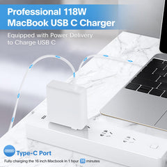 Sunveza 118W USB-C charger connected to MacBook for fast PD charging