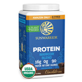 Sunwarrior Organic Plant Based Protein Chocolate packaging on a clean surface for vegan nutrition