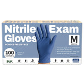 SUP powder-free nitrile exam gloves in a box-dispensing setup for quick access.