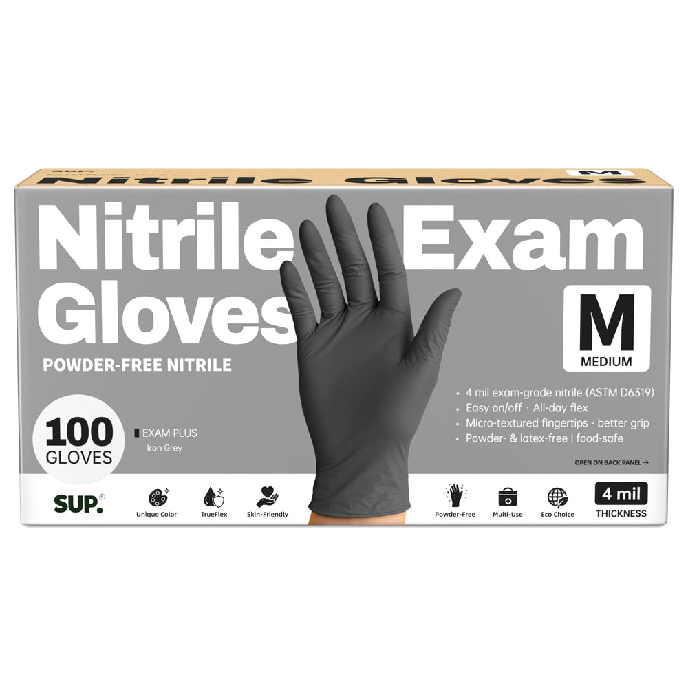 SUP powder-free nitrile gloves in black box for quick access in clinics and kitchens