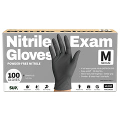 SUP powder-free nitrile gloves in black box for quick access in clinics and kitchens