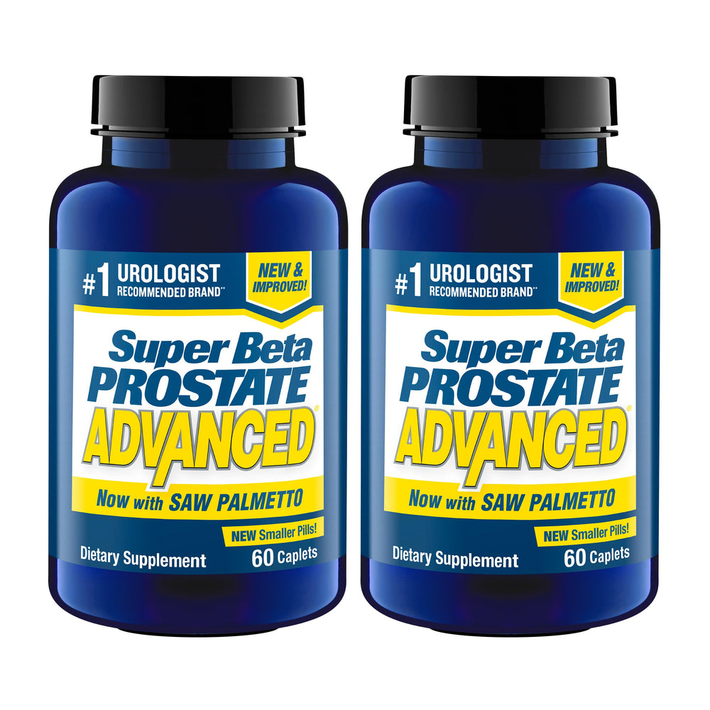 Super Beta Prostate Advanced bottle label highlights key ingredients for urinary support.