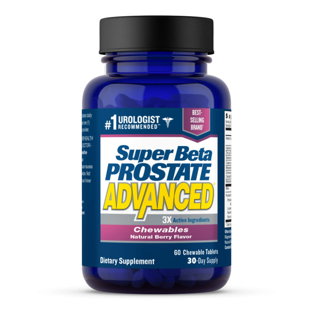 Super Beta Prostate Advanced chewables bottle front for daily support.