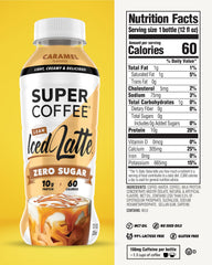 Super Coffee iced caramel bottle showcases rich flavor and convenient on-the-go energy.