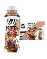 SUPER COFFEE Protein+ mocha bottle front for busy mornings and quick protein boost.