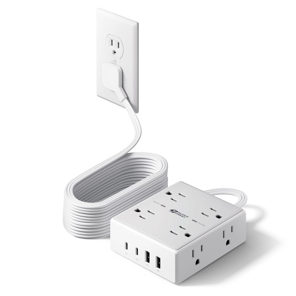 SUPERDANNY 15ft flat-plug extension cord behind a sofa for tidy setup.