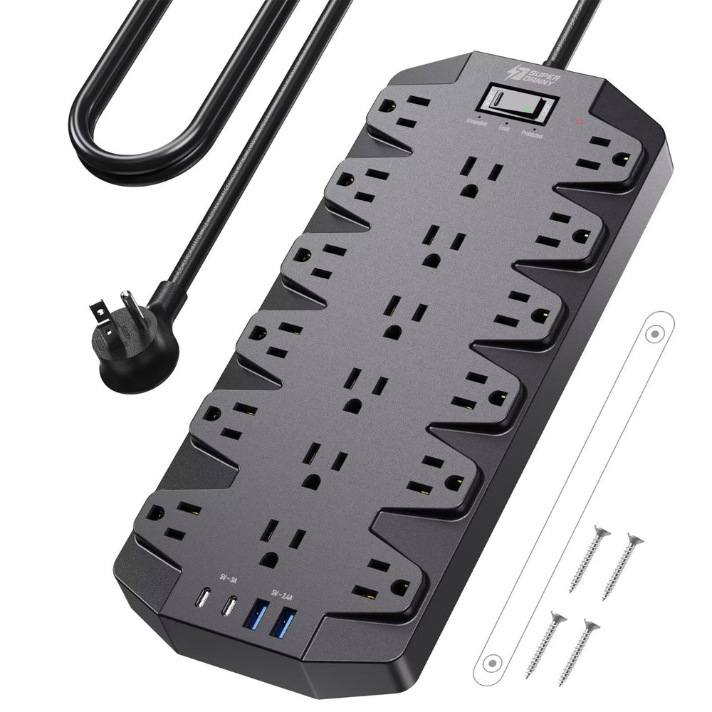 SUPERDANNY surge protector with 18 outlets and USB ports for clutter-free charging at a desk.