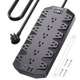 SUPERDANNY surge protector with 18 outlets and USB ports for clutter-free charging at a desk.