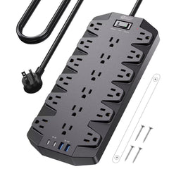SUPERDANNY surge protector with 18 outlets and USB ports for clutter-free charging at a desk.