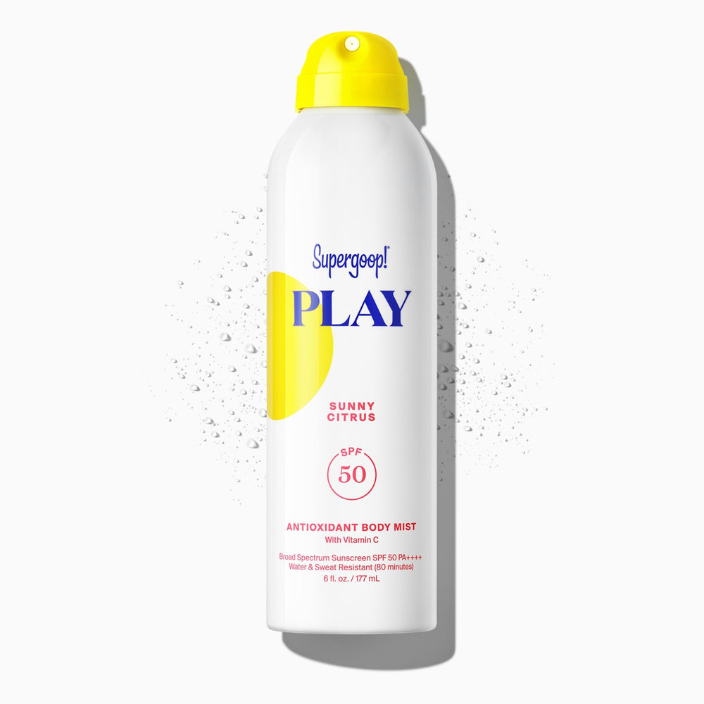 Supergoop! PLAY antioxidant body mist bottle with SPF 50 protection for outdoor activities.