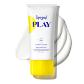 Supergoop! PLAY Everyday Lotion SPF 50 bottle shows lightweight, non-greasy sunscreen in action.