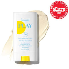 Supergoop PLAY Mineral Stick used on ears and lips for all-day sun defense.