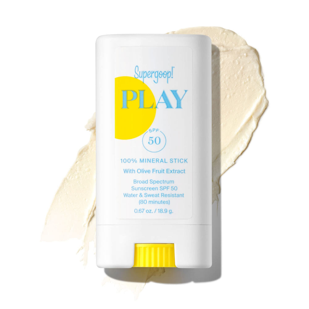Supergoop PLAY Mineral Stick applied to the face for fast, seamless protection on the go.