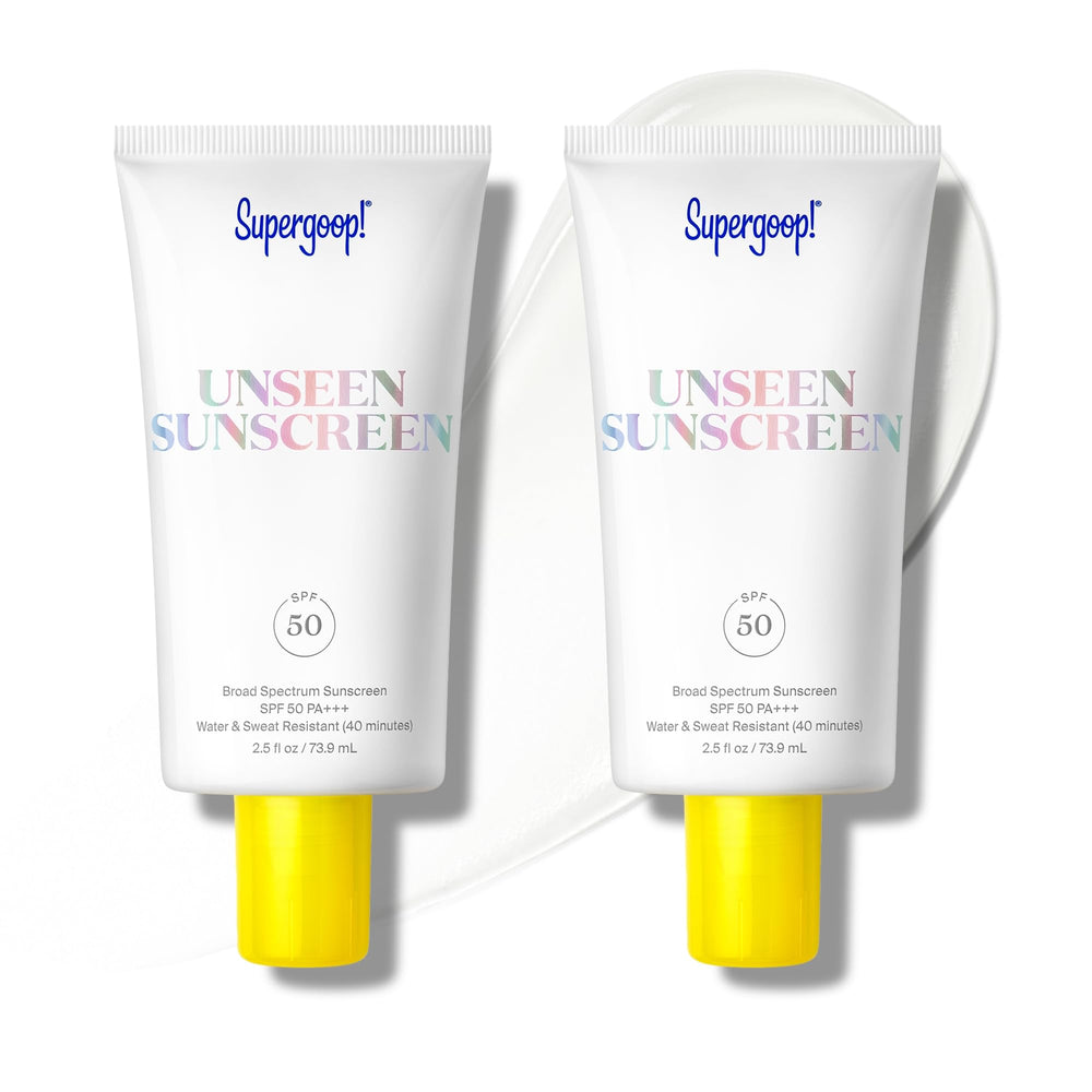Supergoop! Unseen Sunscreen clear bottle on skin for makeup-ready protection.